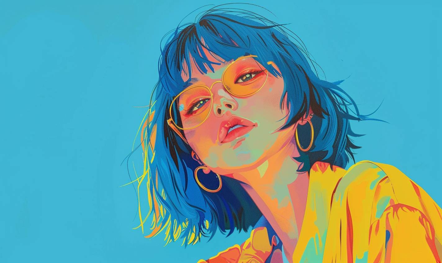 Beautiful anime style illustration of [SUBJECT], wearing vibrant flat colors on a blue background with a pastel color palette. Bright daylight lighting is used, yellowcore.