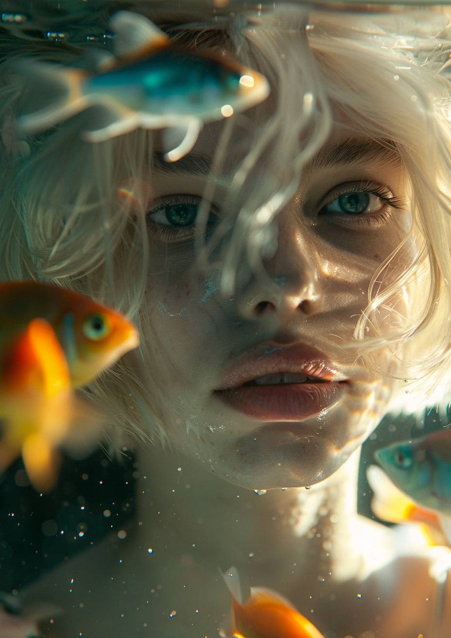 A young woman with a layered blonde bob haircut stands behind a fish tank, facing the camera with a caustic lighting on her face, a fish in front of her face, cinematography --ar 5:7  --v 6.0