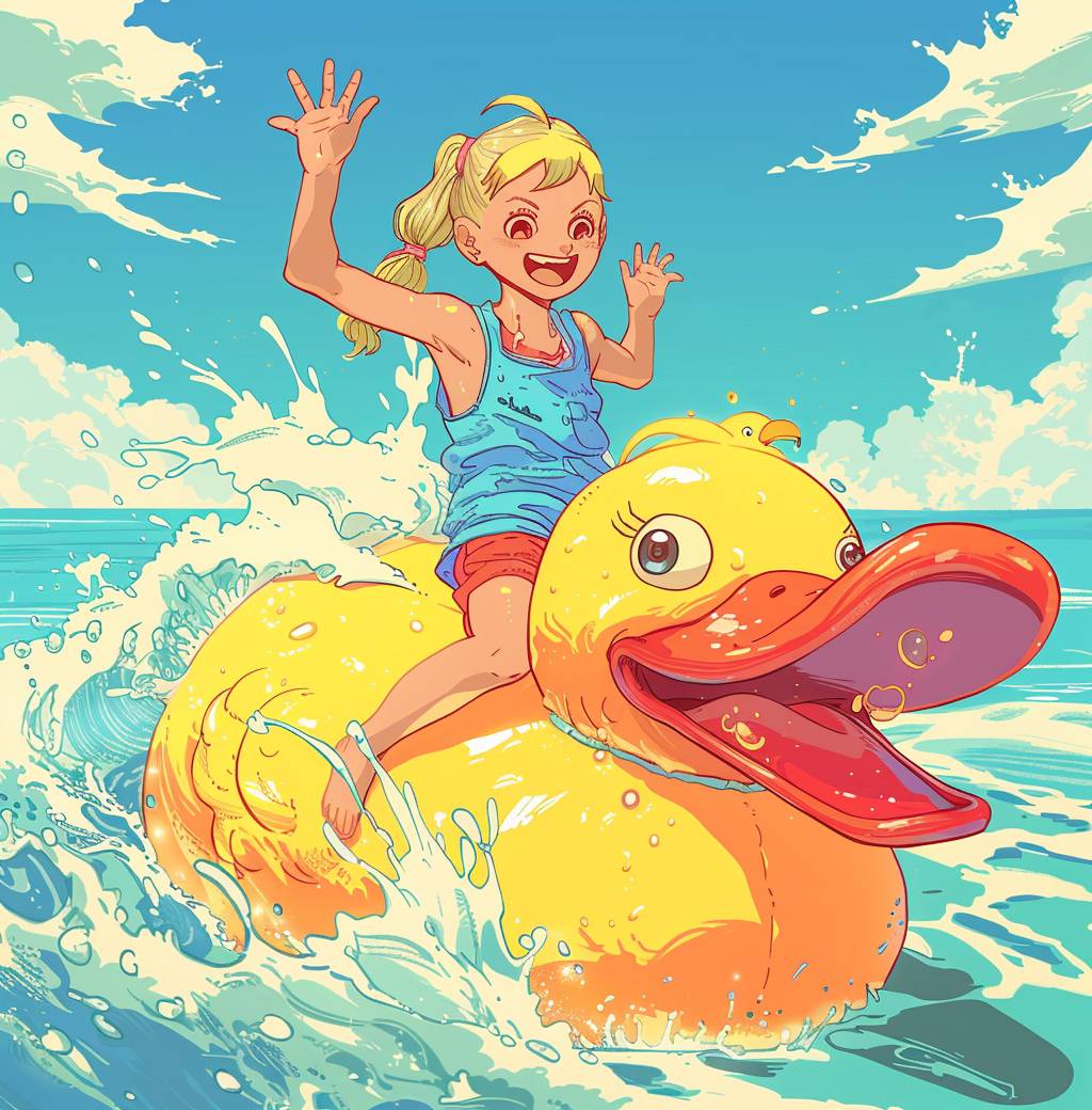 The background is the beach, and there is some water splashing around. A blonde girl with pigtails in blue sits on top of an oversized duck toy that has yellow feathers. The little man wearing red shorts waves his hands happily as he floats beside her. In the style of retro Japanese anime, colorful, 90s cartoon.