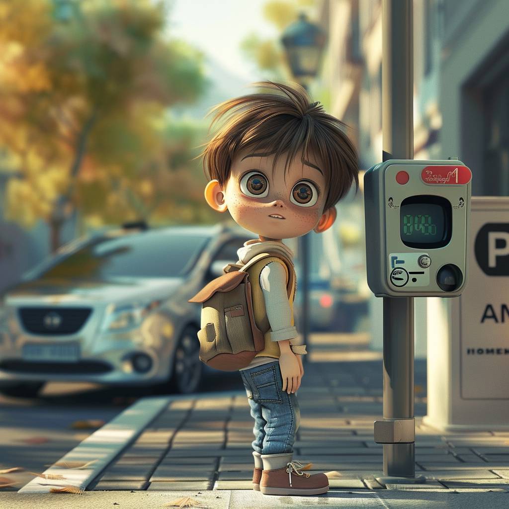 Adorable cartoon boy walking on sidewalk, silver American car parking next to parking meter, anime character art