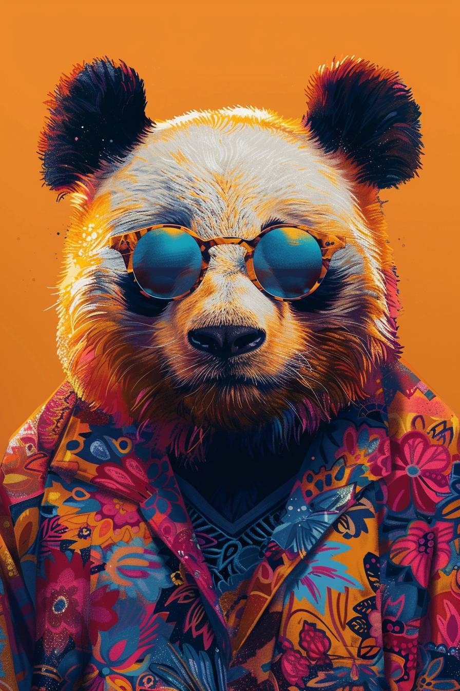 A stylish hippie panda in a vibrant portrait, patterned sundress and sunglasses