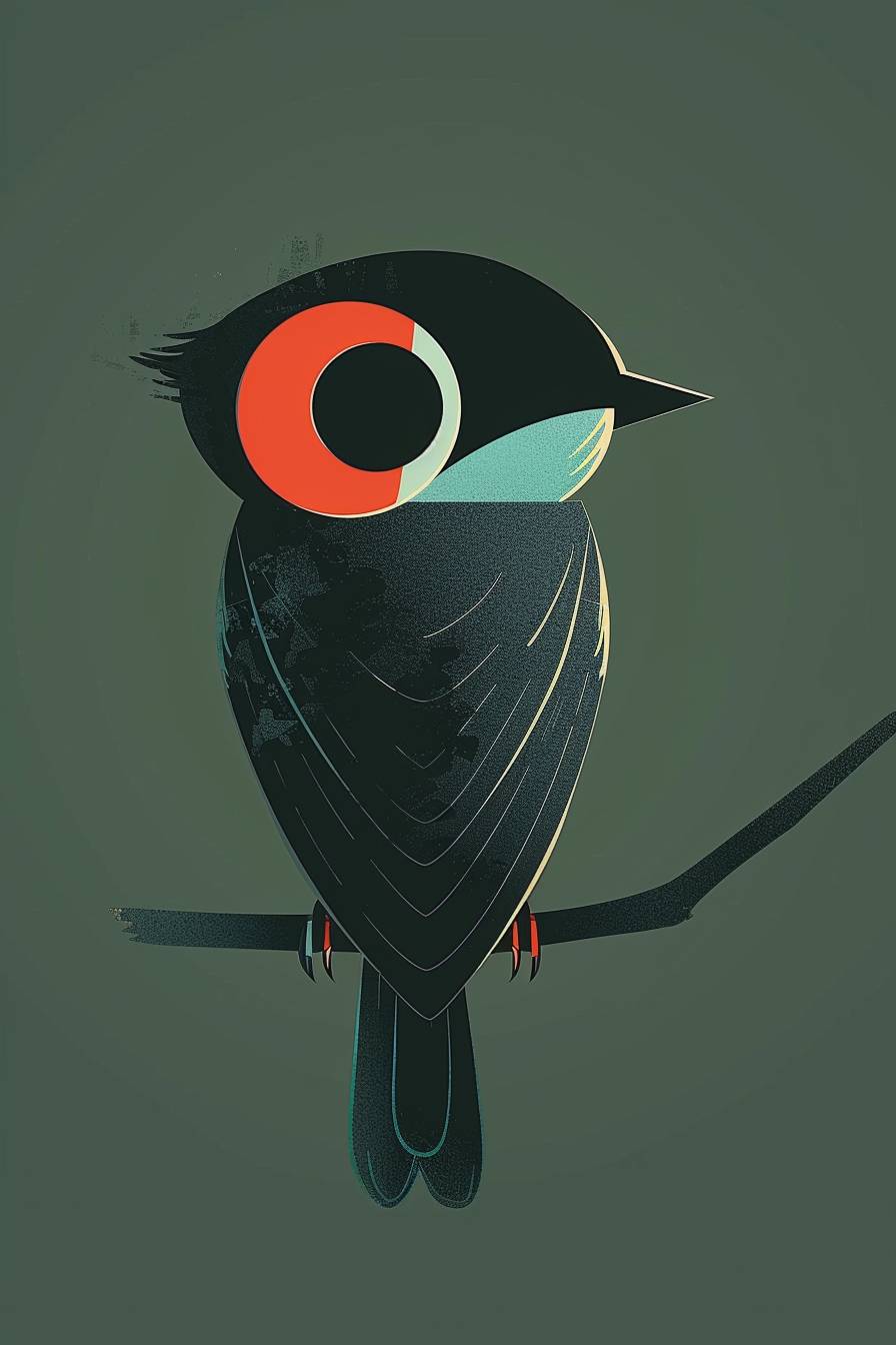 A bird with three blue and one red circular eyes perched on its head, designed in the style of Tom Floyd in a flat vector style, minimalistic, on a dark green background, with bold colors, white space around the character, simple shapes, simple lines, and simple details, with low detail.