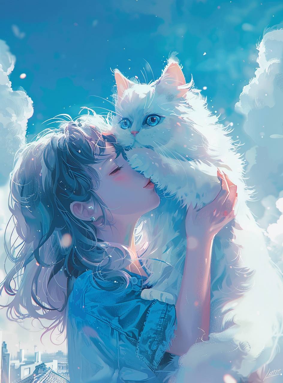 A cute white cat with blue eyes, wearing a denim dress and holding her hands on the head of his large long-haired curly-haired girl friend in Japanese anime style, background is city street under bright sky with clouds, colorful, high resolution, high detail, digital art, fantasy, cute, kawaii, anime style, vibrant colors, dreamy atmosphere, watercolor painting, poster design. White fur color, blue collar around neck. Background is a clear blue sky with fluffy white clouds. The little stars twinkle like diamonds