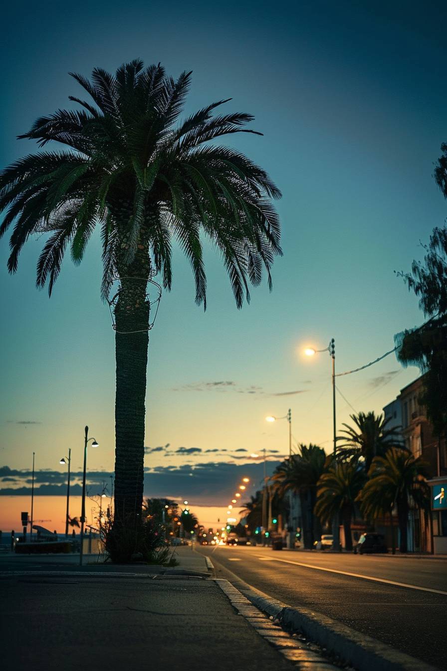 Urban atmosphere with palm trees, minimalist photo, blue hour