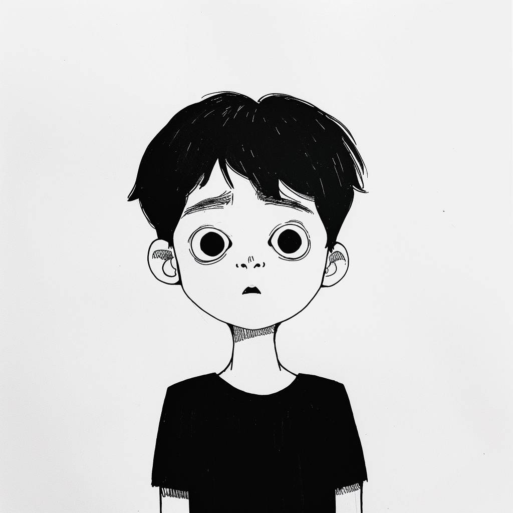 男の子がペンで描いた平滑な線の漫画、白黒のみ、非常に平面的で、非常にシンプル