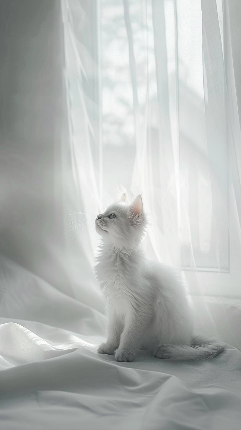 A cute white cat in a white room, photorealistic