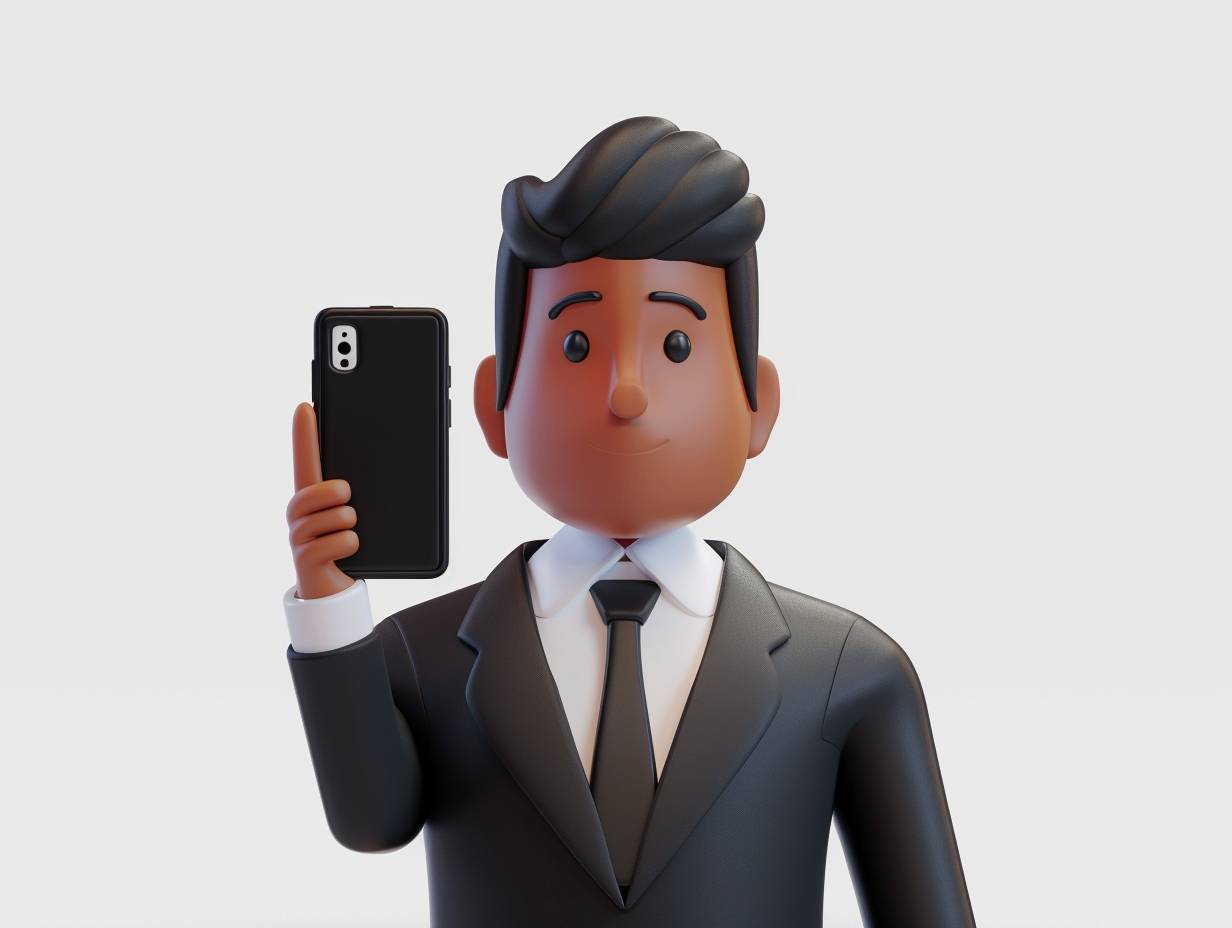 スーツを着た黒髪の男性が携帯電話で自撮りをしている3Dアイコン、柔らかい照明、柔らかく丸みを帯びた形状、細部がなく、白い背景