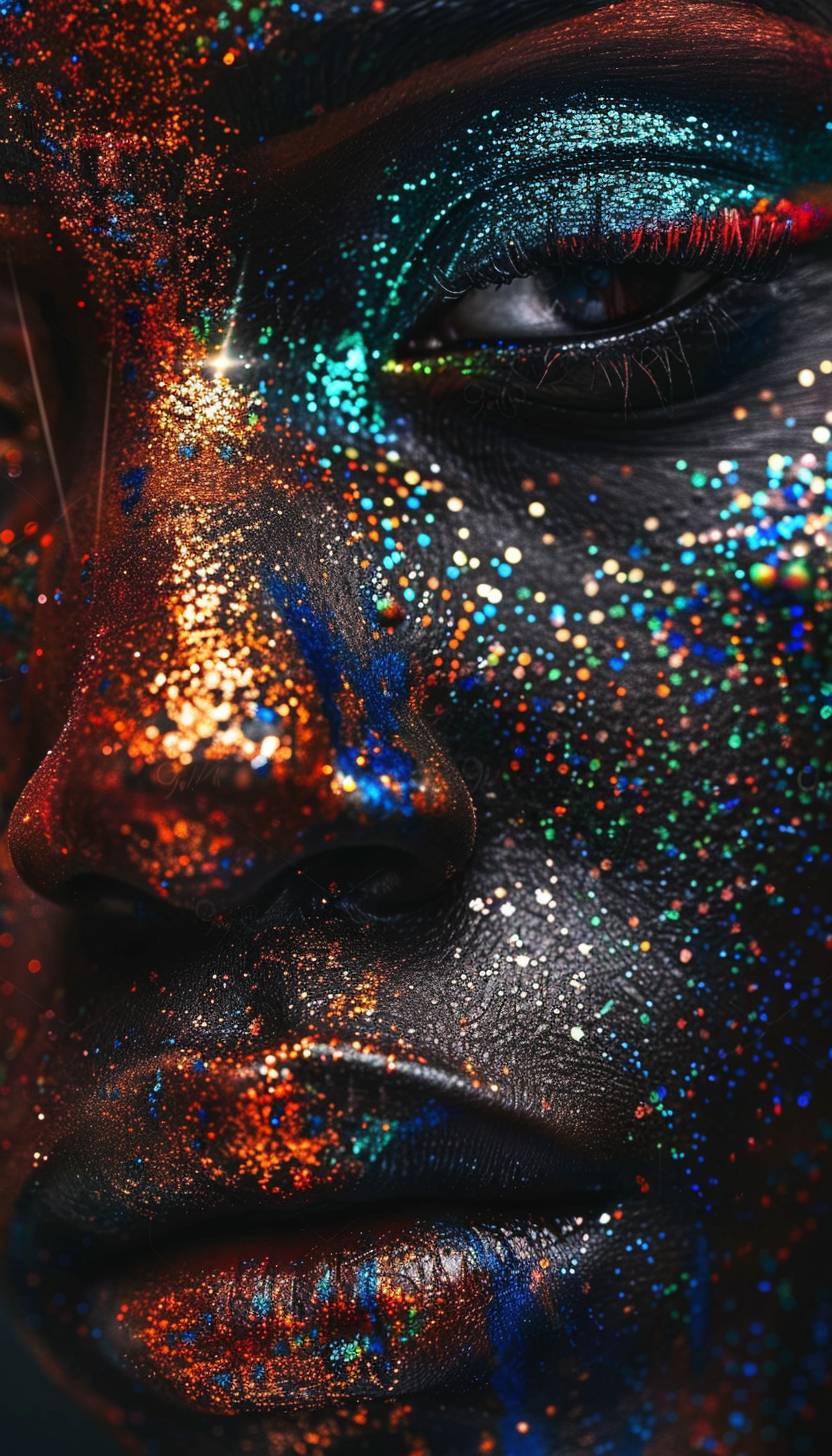 Droplets of [COLOR] creating an abstract geometric pattern of a woman's face, black-glittered background