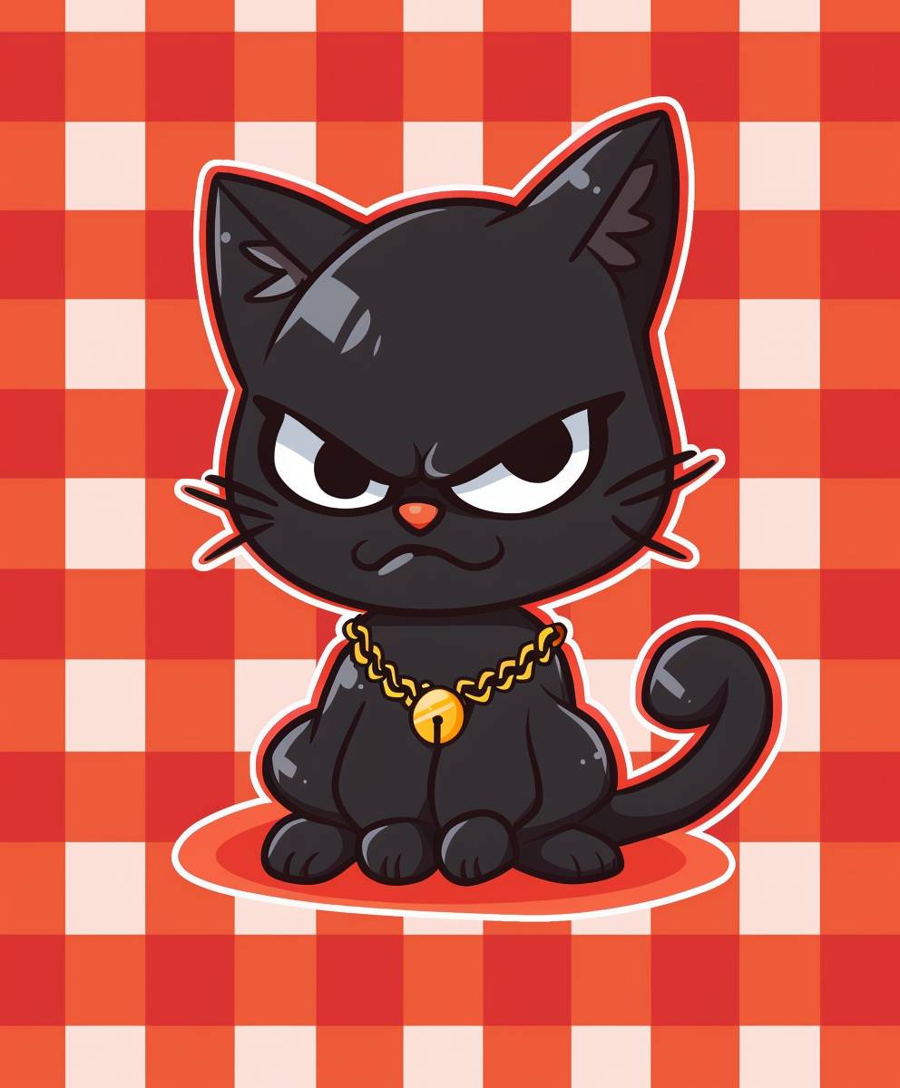 A cute black cat with an angry expression on a red and white checkered background, wearing a gold necklace around its neck in the style of a cartoon. The drawing style is simple with a chibi character design and simple lines like sticker art on the right side of a grid pattern.