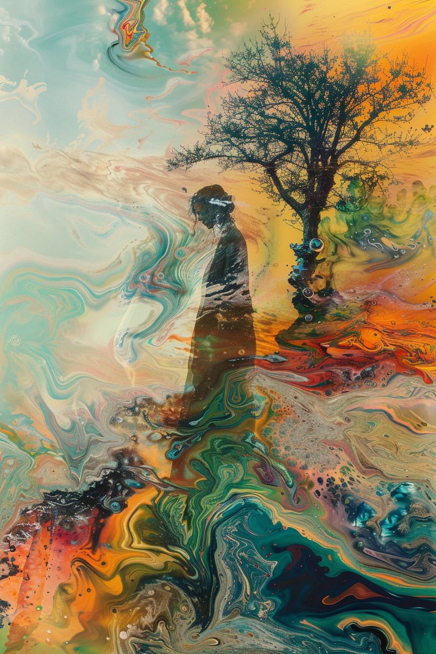 Young woman in an abstract, dream-like landscape featuring melting trees and a sense of fluid, otherworldly beauty --ar 2:3  --v 6.0