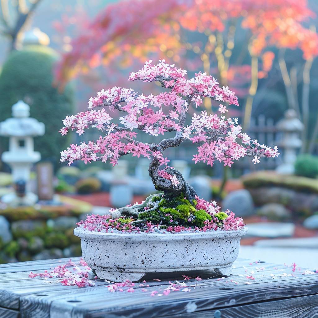 Japanese maple leaf bonsai, karesansui dry garden, meticulously raked stones.