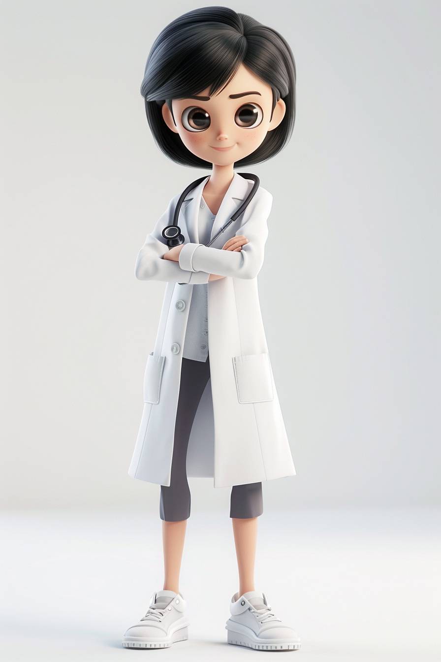 医師のオフィスで撮影された可愛い中国人女性医師の全身ショット、白い靴、黒い髪、短いバズヘアースタイル、3Dカートゥーン極めてシンプルなスタイル、シンプルな白い背景、プレミアム画像