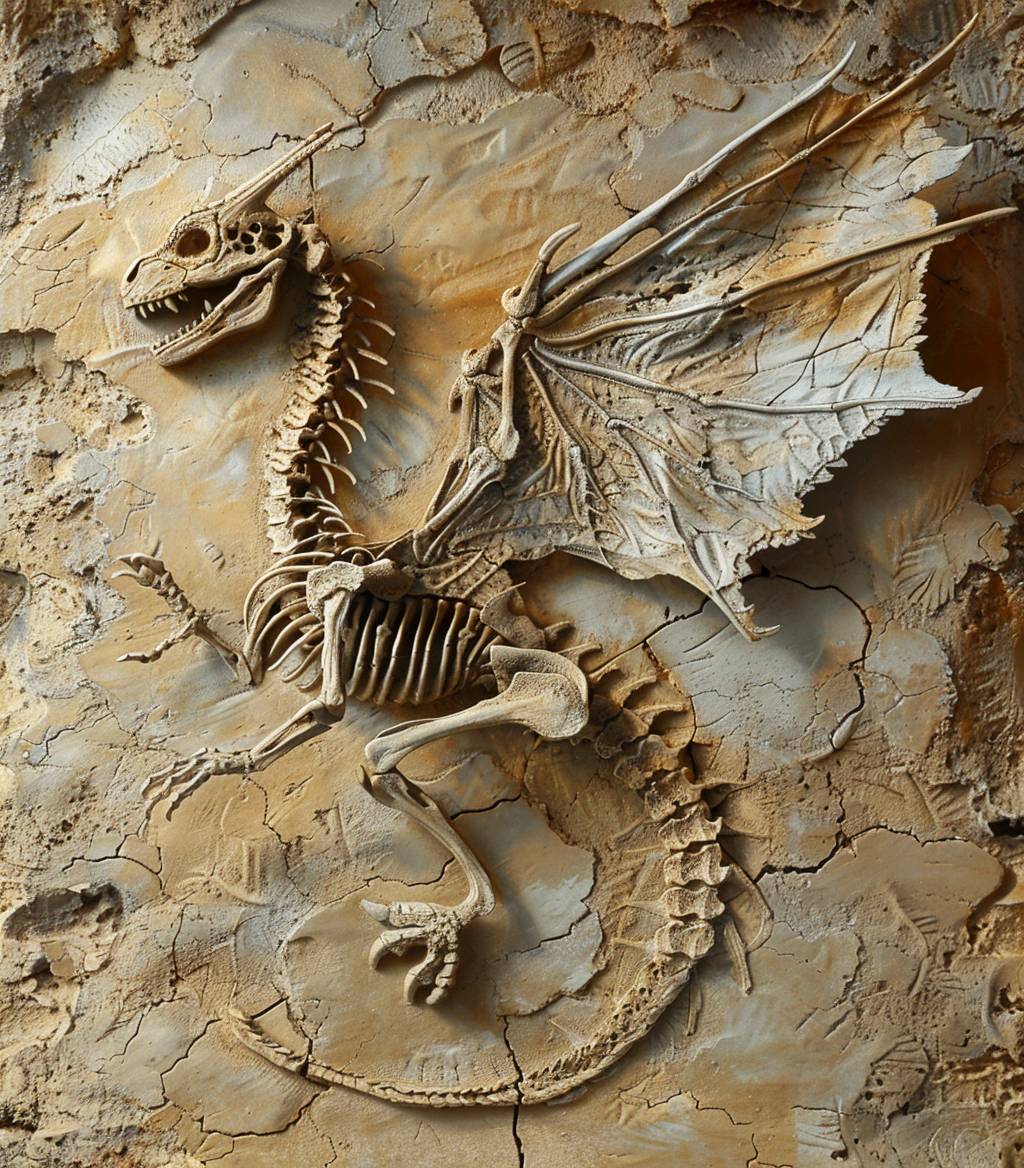 神秘な砂漠で発掘された竜の化石は、翼と竜の頭部スタイルの大きな骨格を見せ、詳細な骨格構造、風変わりな要素、想像力豊かな古生物学に焦点を当てています。