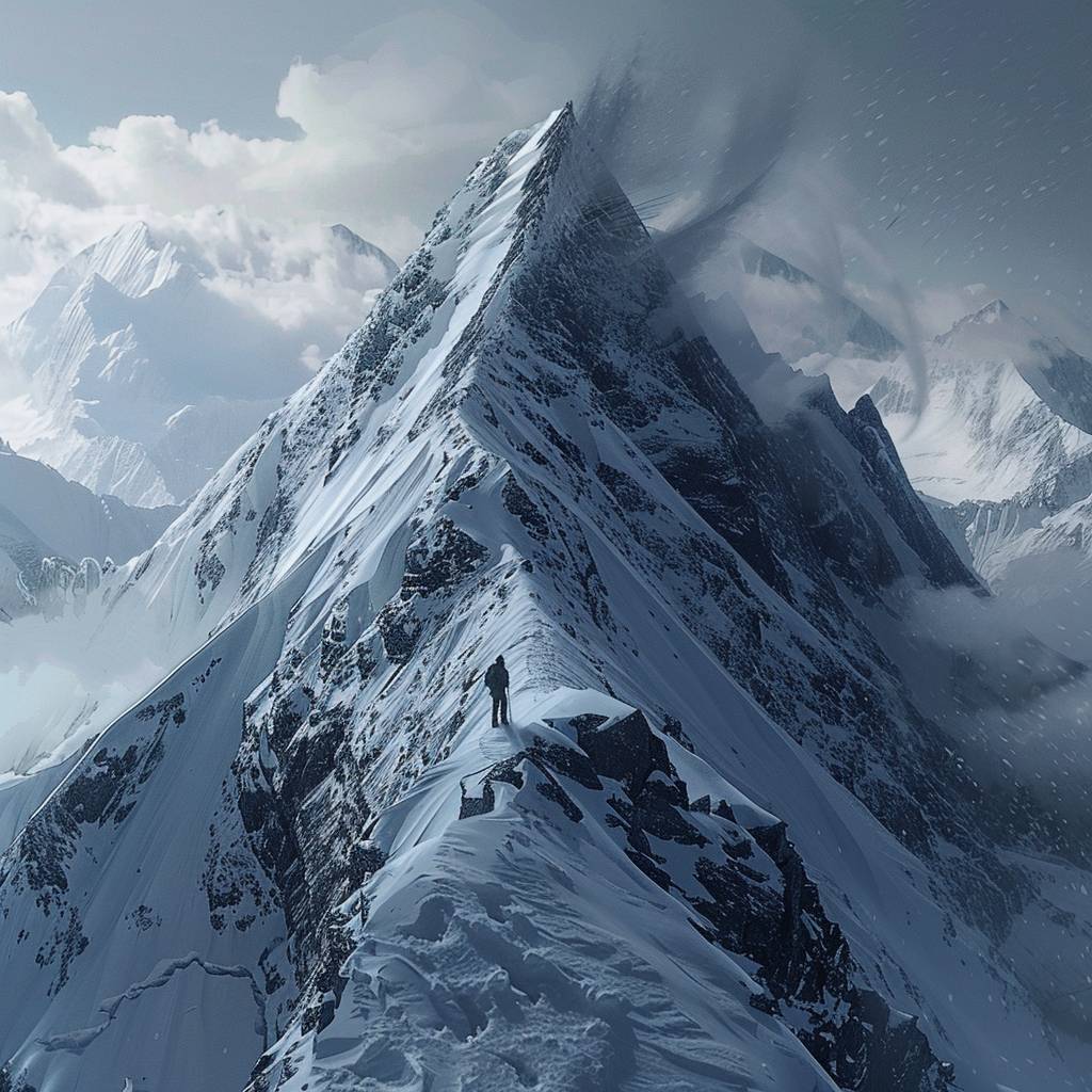 凍った山の頂上から一人の孤独なハイカーが頂上に到着している様子を超高速でズームアウトします。