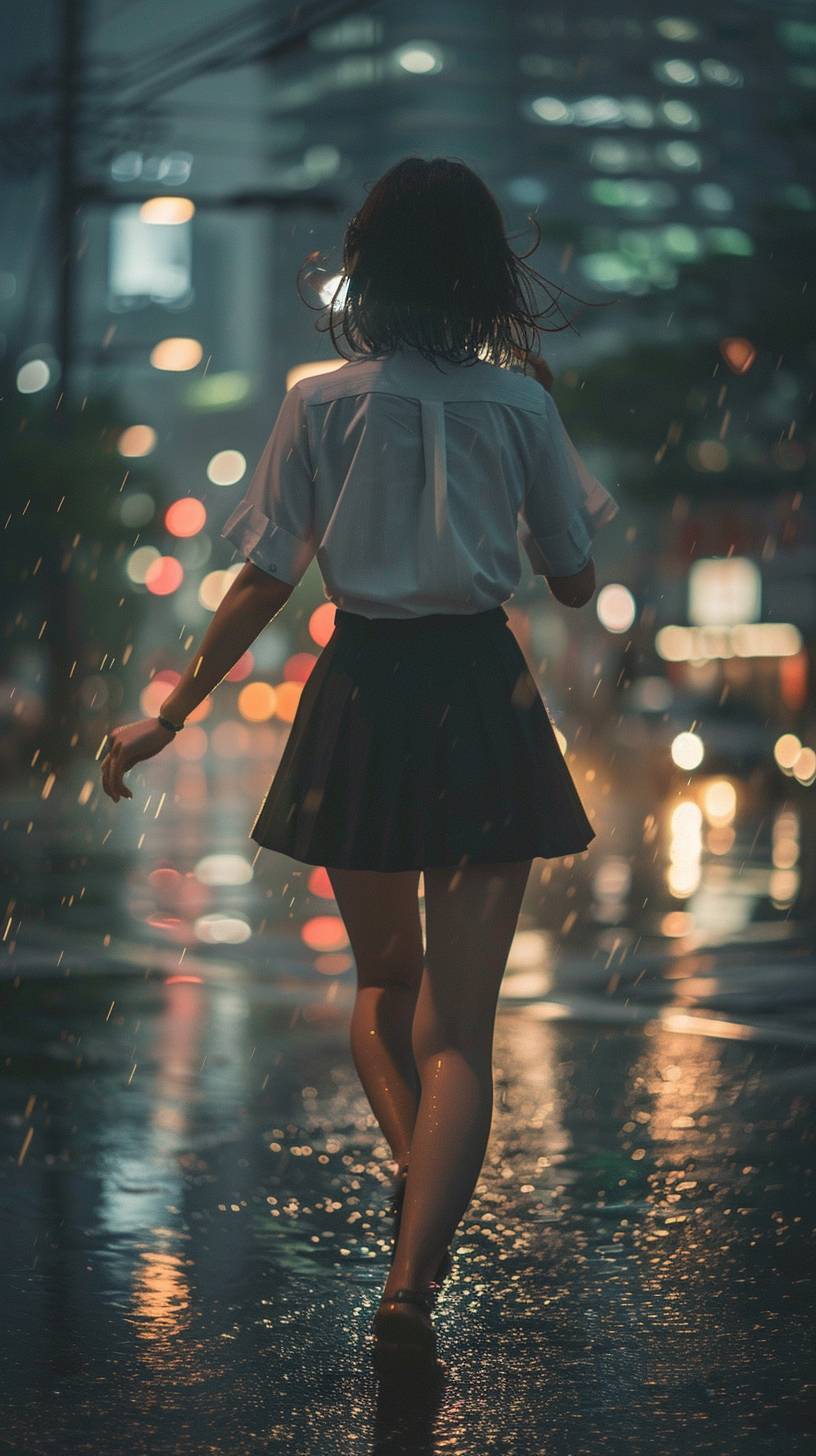 Warm-toned, cute style, evening, Japanese middle-aged woman, short hair, white shirt, black short skirt, stockings, roadside in the city, rain, back body, she walked happily, as if dancing.