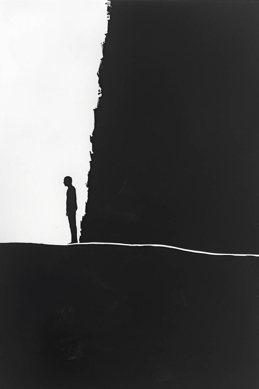 A minimalist ink drawing by Shigeo Fukuda of a man lost deep inside himself, with a flat black background.