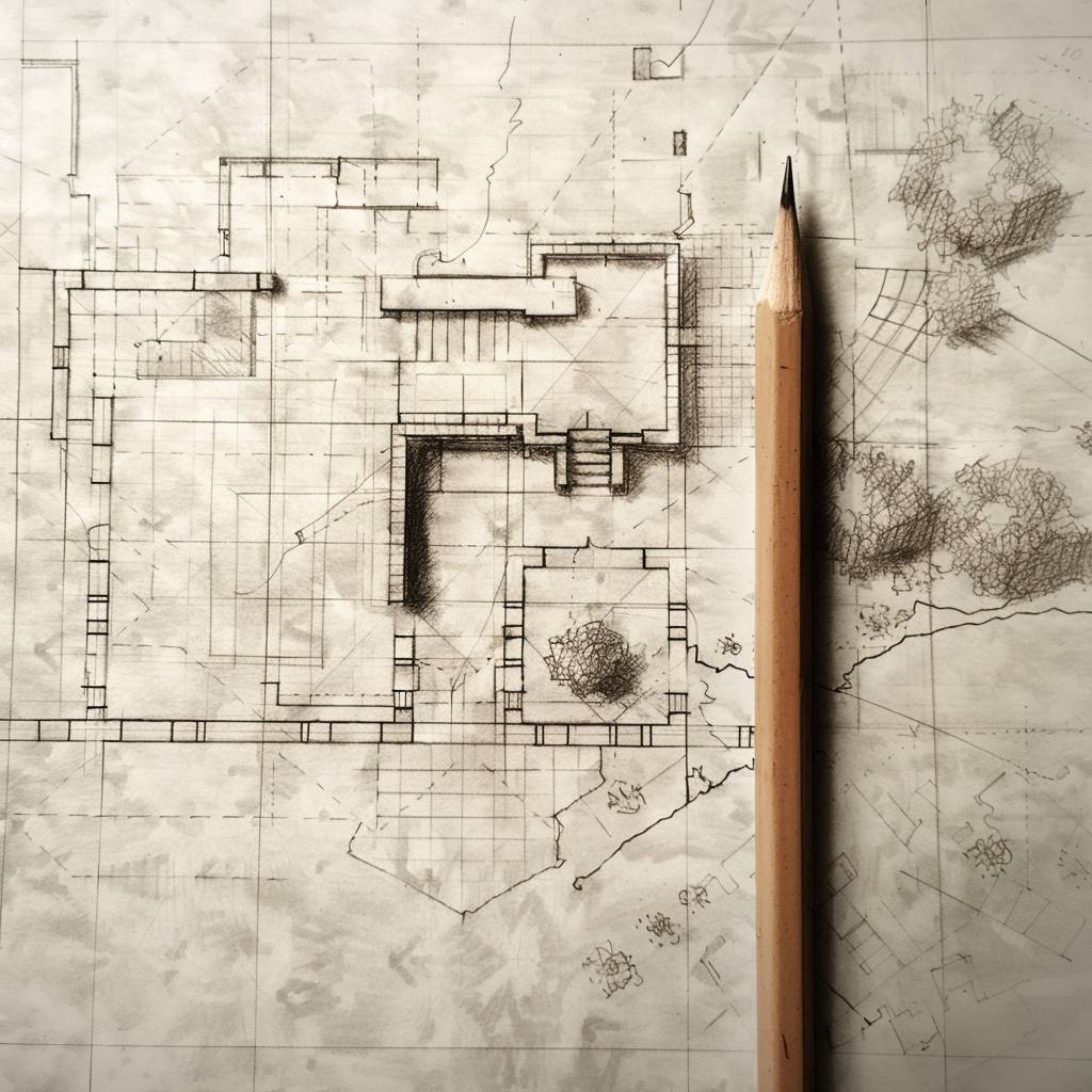 A pencil drawing an architectural plan.