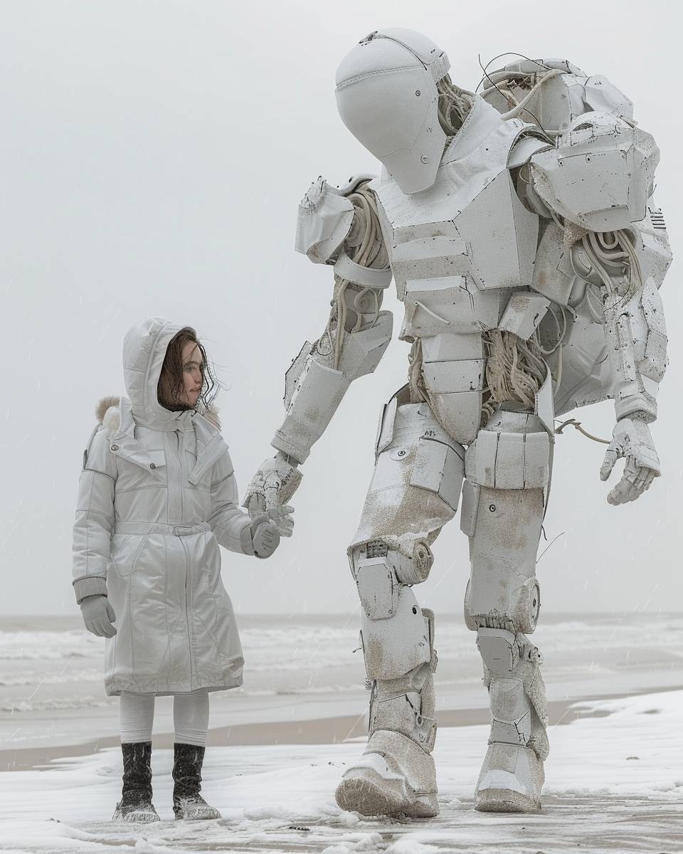 吹雪の中、ビーチを歩く白いヒューマノイドロボットの全身アーマー、大きな頭を持つ写真です。片手を横にしています。ロボットは長いパンツとブーツを着用し、ヘルメットやマスクはありません。横を歩くのは、スター・ウォーズのプリンセス・レイアに扮した若い女の子で、彼女もゴミ材料や布で作られた衣装を着用しています。両者ともに風合いがあります。この写真は、キヤノンEOS R5カメラとRF 80mm f/2レンズを使用して撮影され、写真のようなハイパーリアリスティックな写真が作成されました。