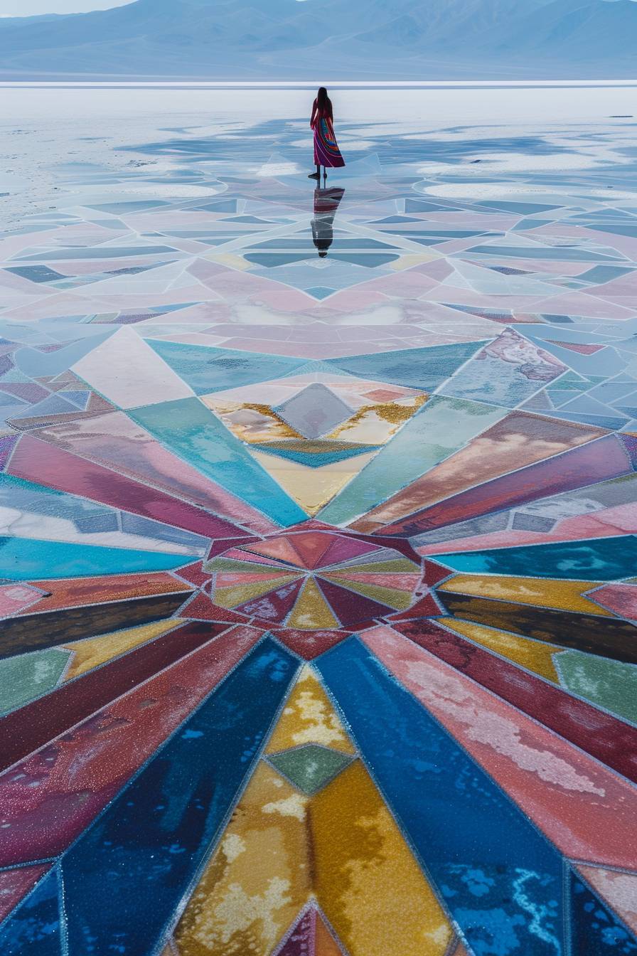 Visualize a large, reflective salt flat in Bolivia, where Graafland has created an intricate, geometric pattern using colored salt. In the center, a solitary figure stands, dressed in a flowing, brightly colored garment that blends with the artwork. This scene is shot with a Nikon Z7 II, capturing the vastness and the surreal quality of the artwork against the stark, white background.