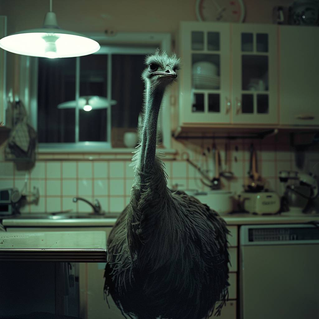 A slow cinematic push in on an ostrich standing in a 1980s kitchen.