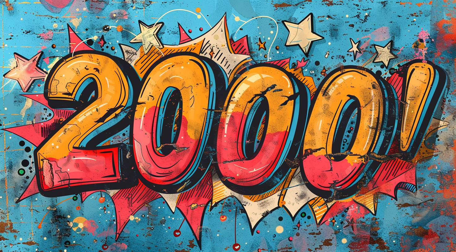 漫画風のスタイルで書かれた「20000！」の単語、カラフルな吹き出しと青い背景にスターバーストのベクターイラストデザイン。