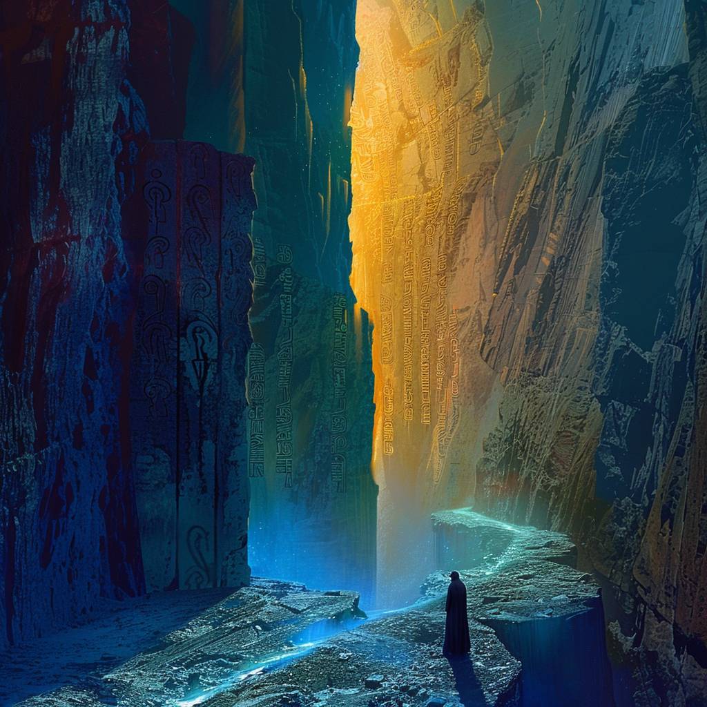古代の響き渡る峡谷の奥深くで、[SUBJECT] は壁に隠された[COLOR1]の碑文を発見し、解かれると、解けた時輝く[COLOR2]の輝きを放ち、地球の旋律を解き放つ。