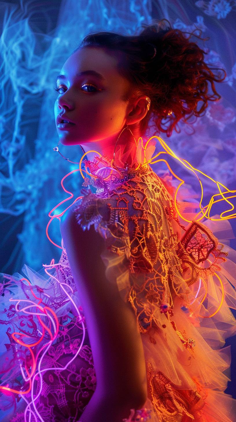 A young, stunning woman in an intricate gown of delicate lacework, glowing in bold, electric colors of neon.