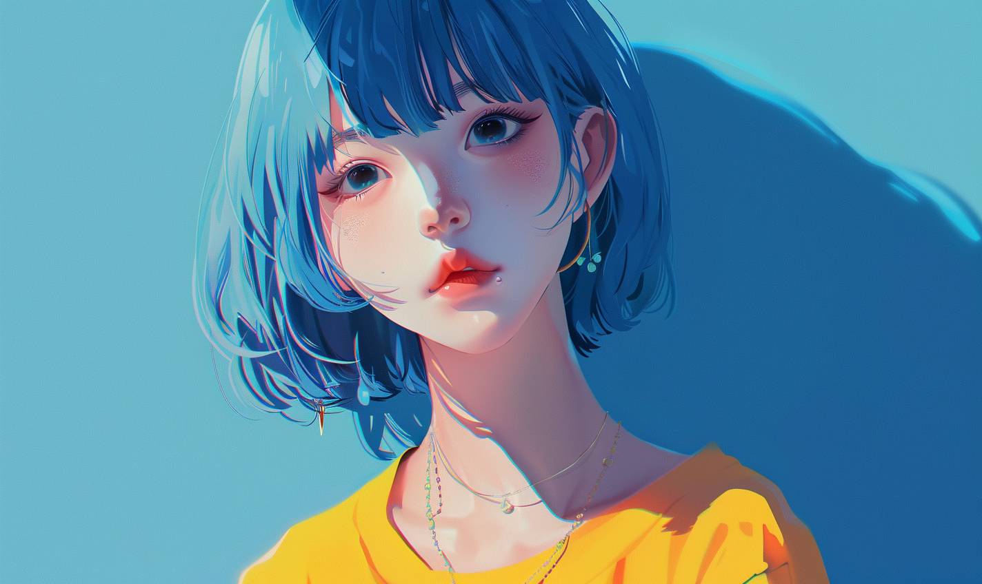 Beautiful anime style illustration of [SUBJECT], wearing vibrant flat colors on a blue background with a pastel color palette. Bright daylight lighting is used, yellowcore.