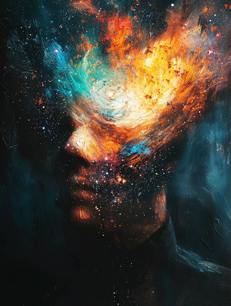 頭部に銀河を持つ[SUBJECT]の肖像、神秘的で魅惑的な視線を持つ宇宙的な存在