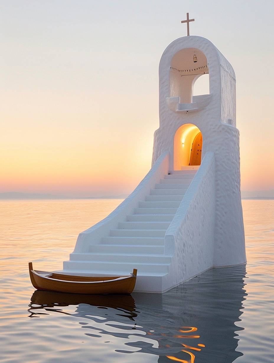 Tower covered by small white Cycladic school, small boat in the calm sea, warm lights, Cycladic architecture, Ricardo Bofill, in the style of surrealist architecture, bridge, domes, stairs and arches, calm sea, small boat, lively, built on top, colors, Greece, in the middle of the sea, isolated, beautiful interdisciplinary installations, Greek islands architecture, realistic scene, chaotic juxtapositions, in the middle of the sea, hyperrealistic, sunset, on top of the tower there is a church