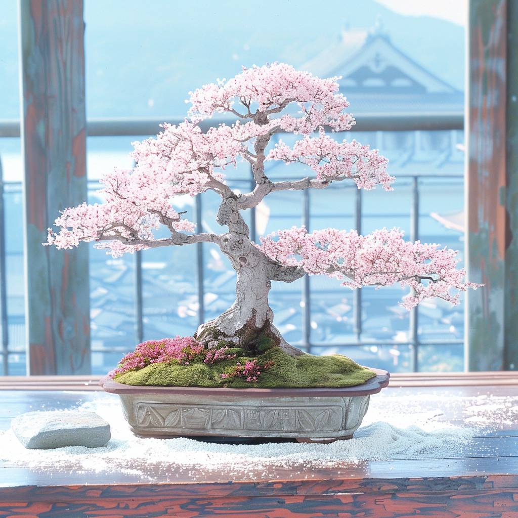 Japanese maple leaf bonsai, karesansui dry garden, meticulously raked stones.