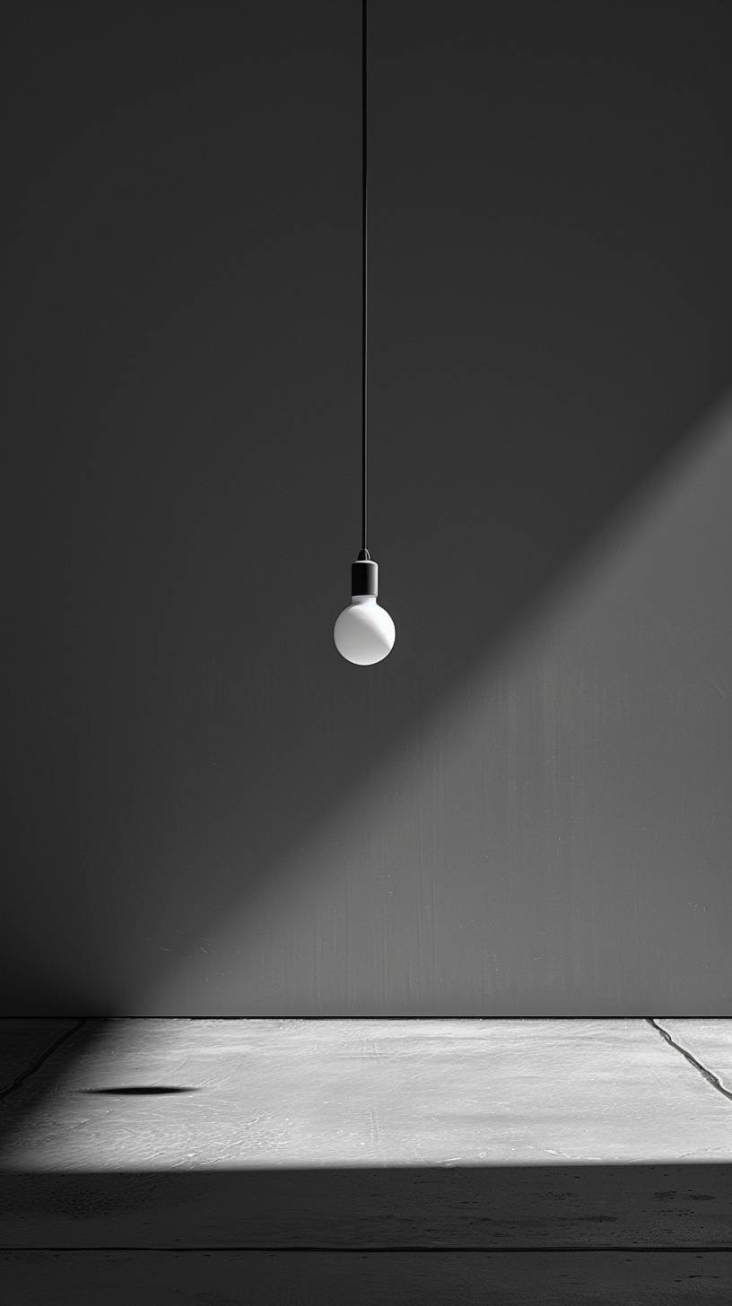 The Perfect Wallpaper for iPhone, Minimalist Photography, A single light bulb hanging from the ceiling in an empty room. The frame is dominated by the simplicity and abstract geometry of the scene, with an emphasis on stark lines, uncluttered composition, and spatial balance. Shot with Hasselblad H6D-400c for photorealistic detail, with an absence of noise or unnecessary elements. Award-winning wallpaper, Symmetry, Centre composition, High resolution, High details, High contrast, In the style of minimalist