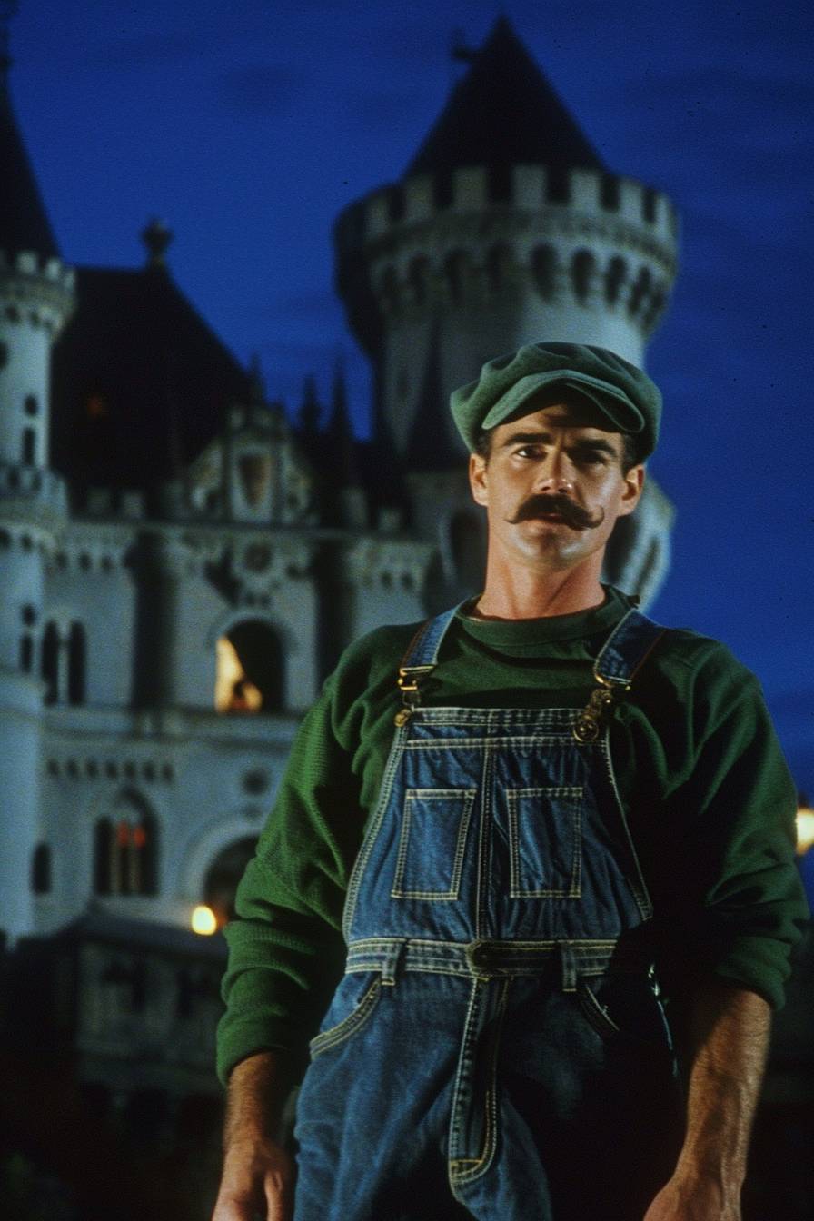 A DVD screenshot from the 1987 dark fantasy film 'Dark Souls.' The scene features a brunette man standing in front of a castle. He is wearing a green long-sleeved shirt with dark blue denim overalls, a green cap, and a mustache. It is nighttime.