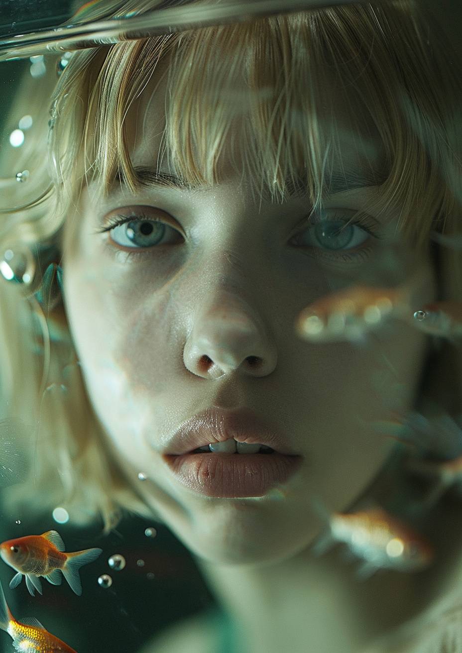 A young woman with a layered blonde bob haircut stands behind a fish tank, facing the camera with a caustic lighting on her face, a fish in front of her face, cinematography --ar 5:7  --v 6.0