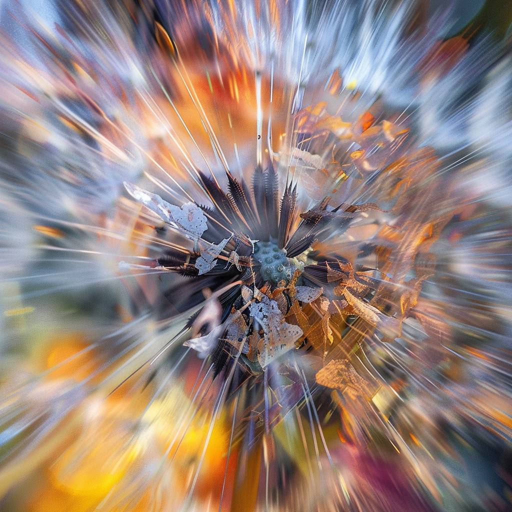 Zooming in hyper-fast to a dandelion to reveal a macro dream-like abstract world.