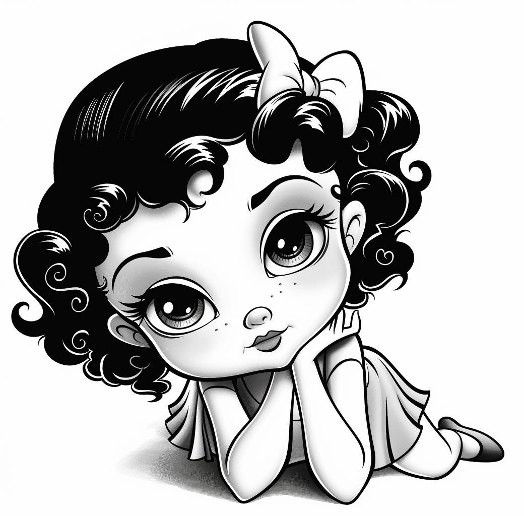 A cute black and white line art of Betty Boop, in the style of clipart, on a solid background.