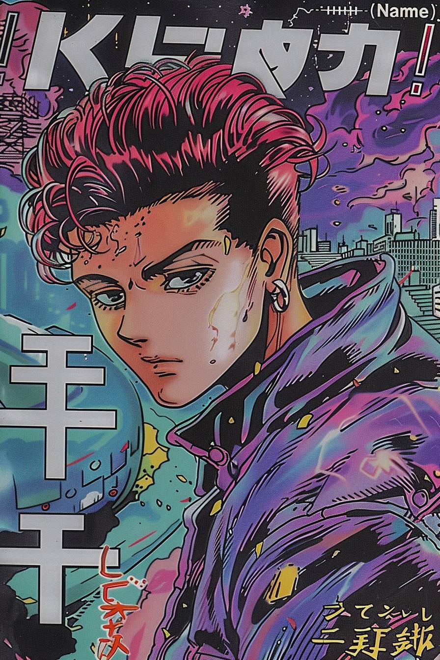 1990s manga style cover page of [Subject] with a trendy text manga title that says “[Name]”, colorful