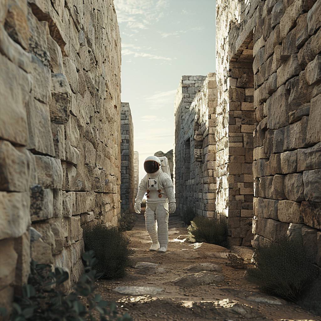An astronaut walking between stone buildings.