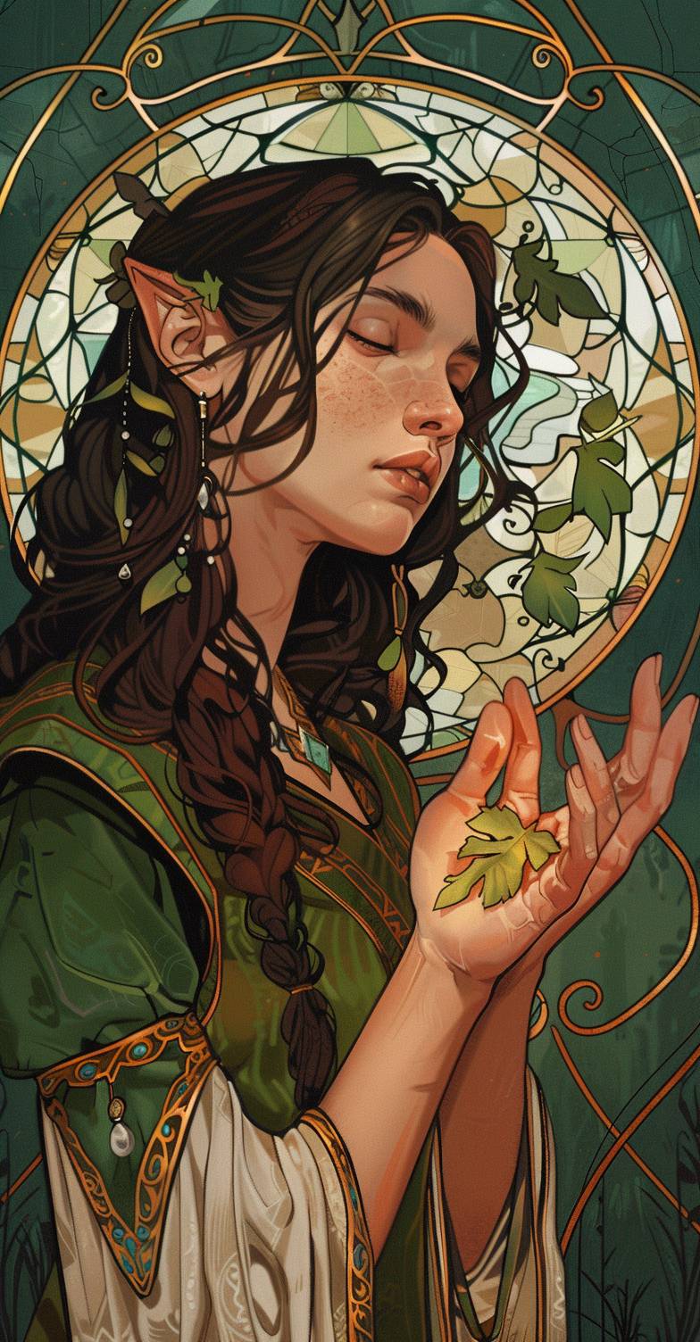 Art Nouveau style, vectorized, the spirit of the young and virginal hands of the maid holding a seed. Reimagined as a land from the Magic: The Gathering card game – 'ar 49:94'.