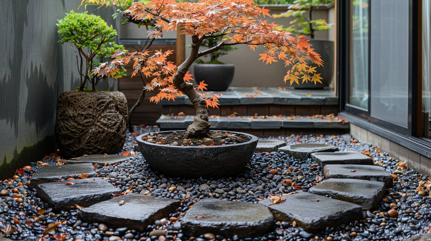 高い角度から見た、日本製の手作りの瀬戸物、楓の盆栽、砂紋石で囲まれた、敷石、自然光、禅のミニマリズム