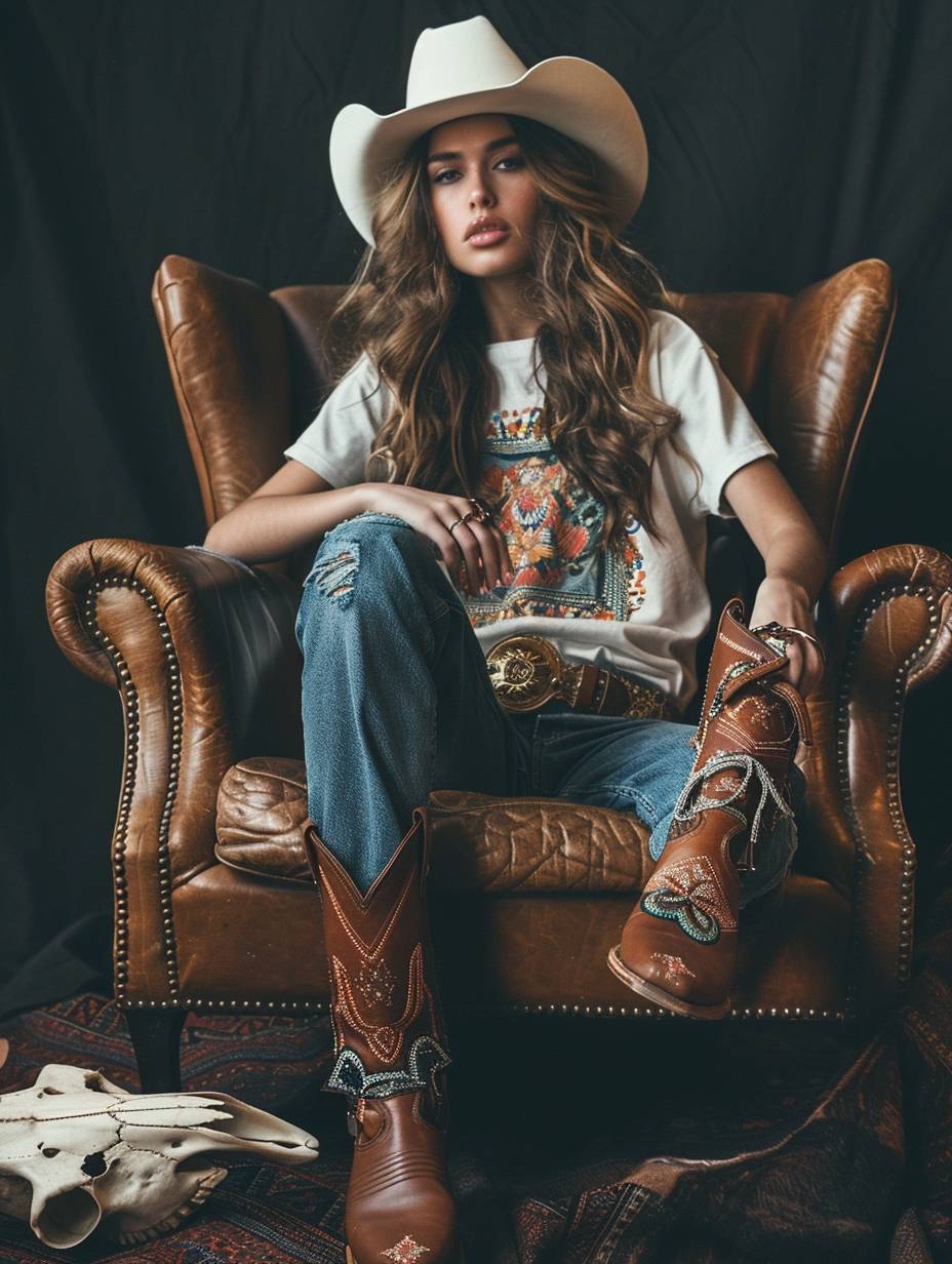 A fashion shot of a woman sitting on an armchair with her legs crossed wearing brown cowboy boots, a white hat and a t-shirt with a vintage western print in pastel colors, she is posing like a model with a dark black background and a cow skull lying next to the chair in the style of a 90s magazine aesthetics, Vogue editorial