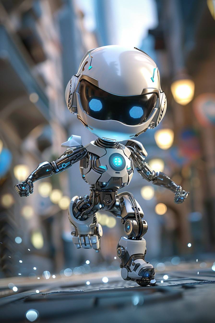 a robotic chibi [SUBJECT] in an action pose, in the style of vray tracing, hyper-realistic details, superheroes, spiky mounds, unreal engine, realistic human figures