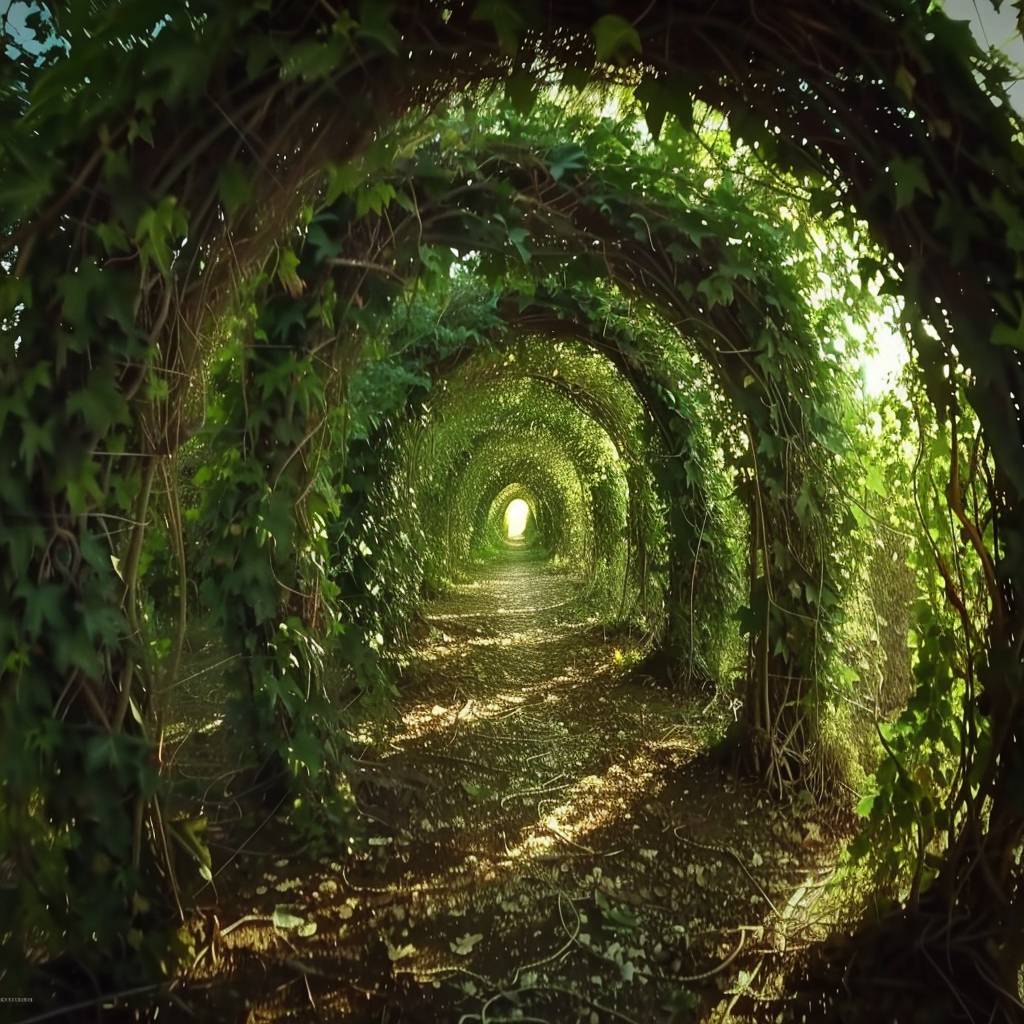 Ultra-fast disorienting hyperlapse racing through a tunnel into a labyrinth of rapidly growing vines.