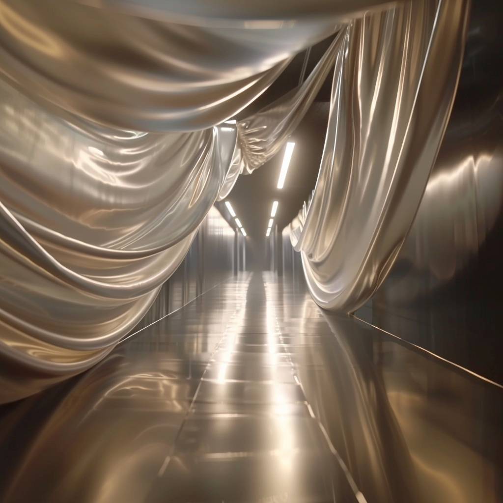 Hyperlapse shot through a corridor with flashing lights. A silver fabric flies through the entire corridor.