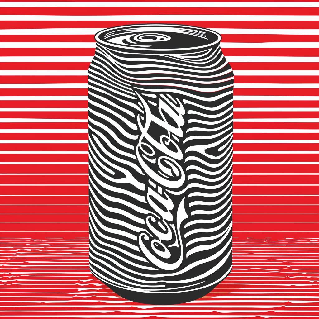 Coca-Cola can. Munker-White illusion. Illustration made out of lines, using only the colors black, white, and cyan. Optical illusion. Psychedelic.
