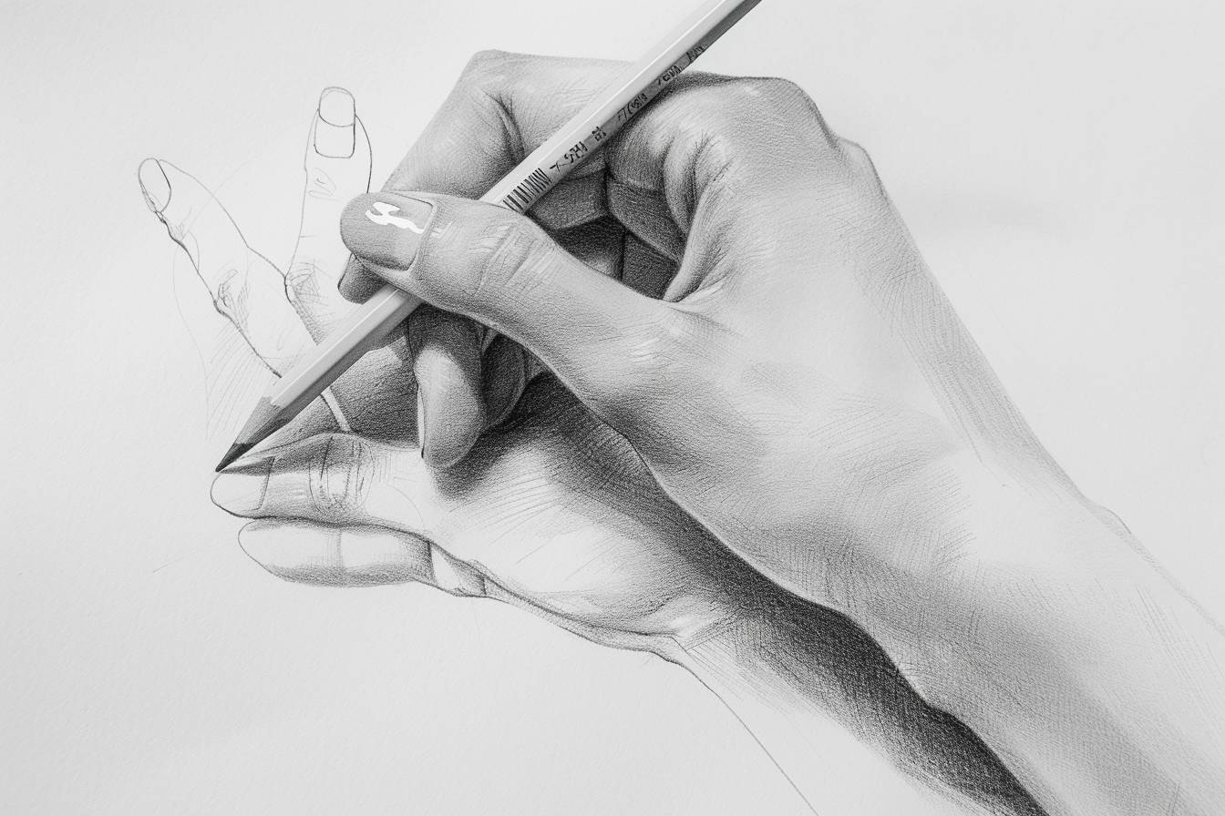 A female hand with a pencil [Subject + description], pencil sketch art, fine lines, clean, minimal, white background