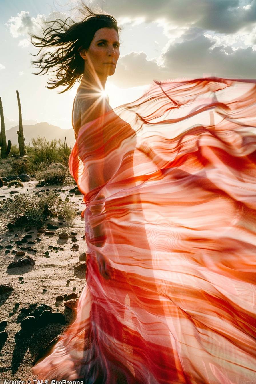 A face superimposed onto a cactus superimposed on a dress projected onto a sheet blowing in the breeze in the desert, style of unity, random rhythm, harmony, tactile texture, dynamic forms, vertical lines, analogous neon colors, atmospheric perspective, foreground, serene mood, allegory, pacing, baroque, gestural expression, energy, distortion, thematic harmony, flowing rhythm, conceptual art.