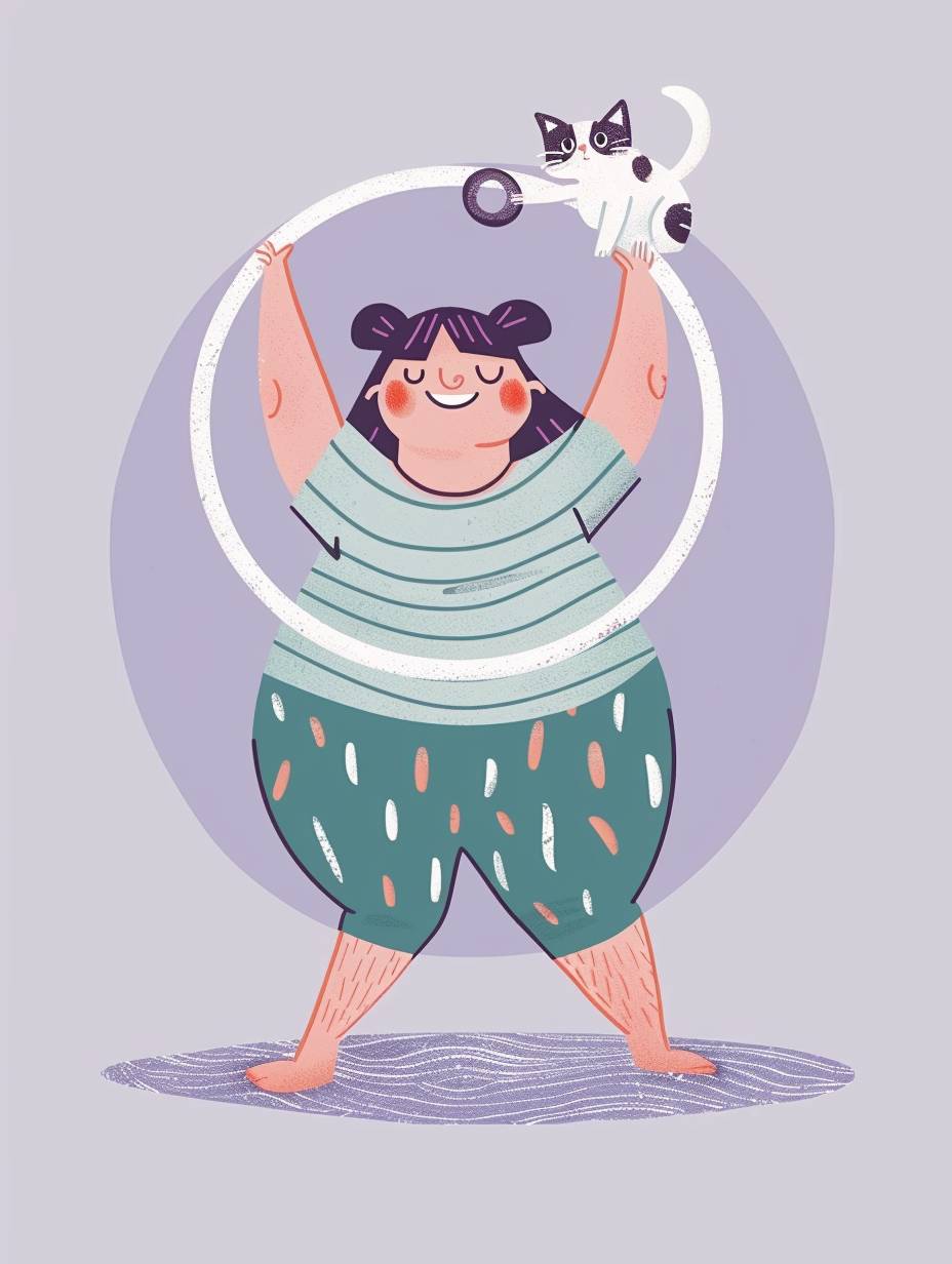 Cute fat girl doing hula hoop with cat on her shoulder, smiling face, light purple background, simple flat illustration style, minimalist graphic design, white and blue color scheme, Asian traditional minimalism, in the style of Ukiyo-e, Colorful, White Background