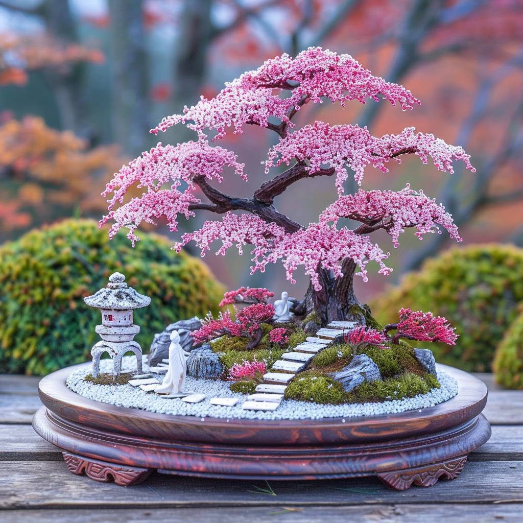Japanese maple leaf bonsai, karesansui dry garden, meticulously raked stones.