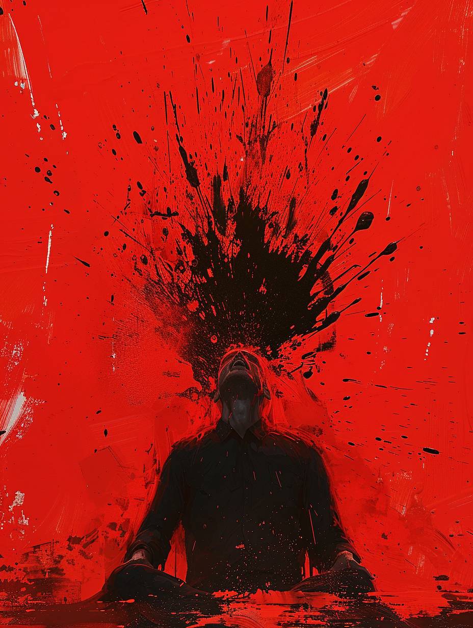 A Man, Melted, Expressionist Color Explosion Style, Big Red Background, Black and Red Color Matching, Standard Collection, Alex Andreev, Color Animated Stills, Splash of Paint, Chalk